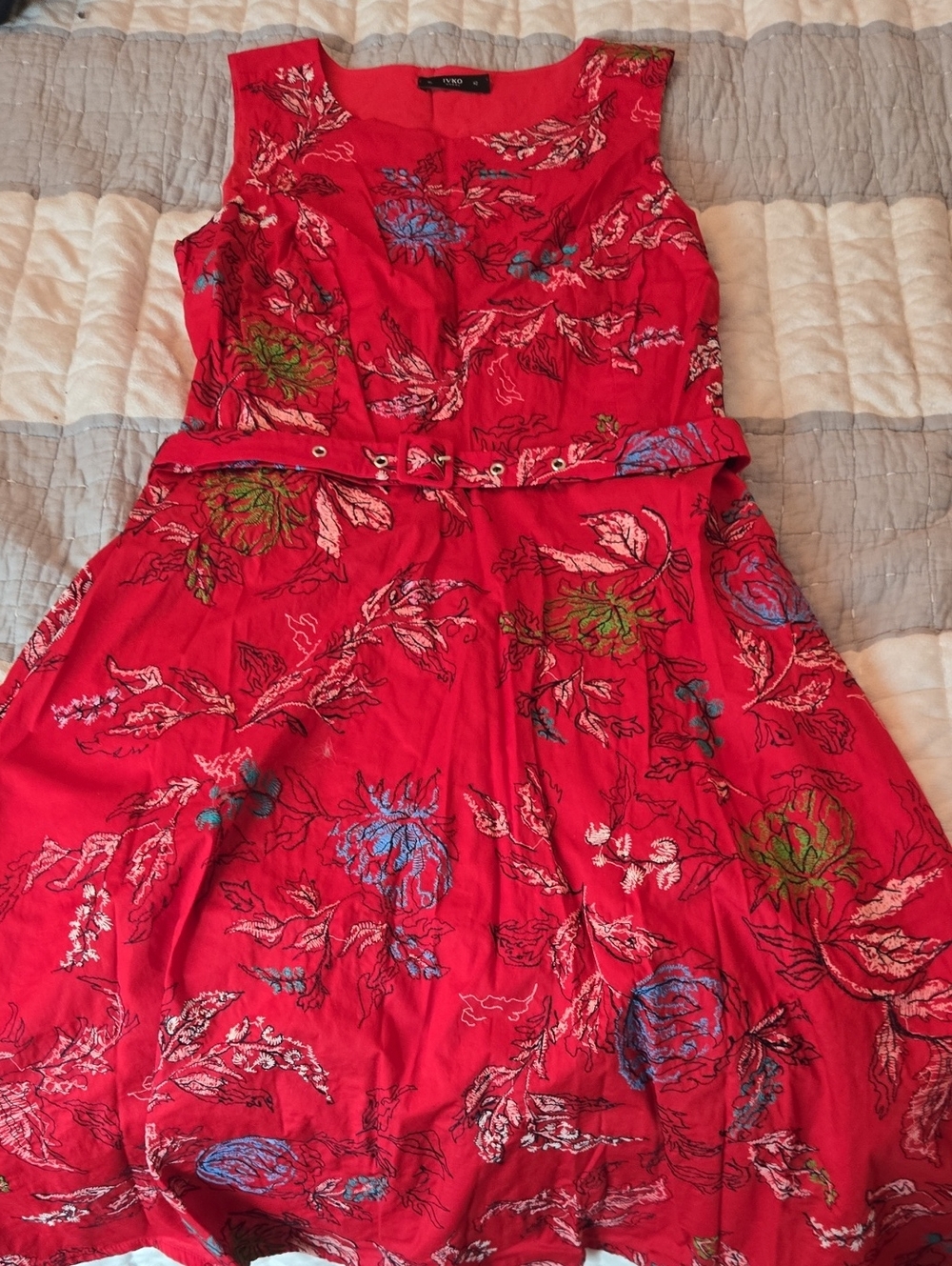 IVKO Vibrant Red Floral Belted A-Line Dress